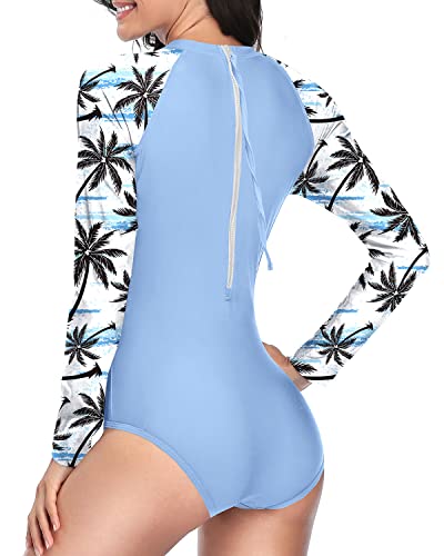 Built-In Bra Supportive Long Sleeve One Piece Rash Guard For Women-Blue Palm Tree