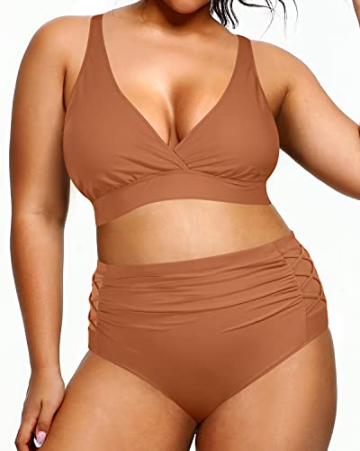 Women's Plus Size High Waisted Two Piece Bikini Bathing Suits Tummy Control-Brown