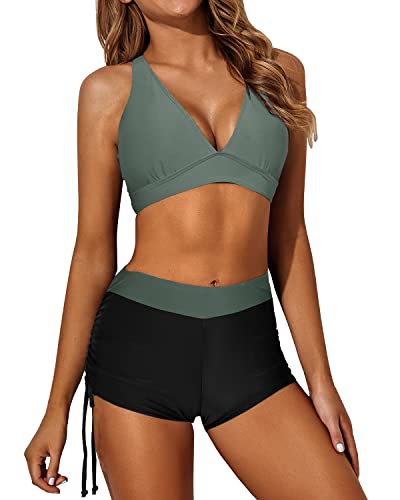 3 Piece Tankini Swimsuits For Women Backless Swim Top Boyshorts And Bra-Army Green And Black