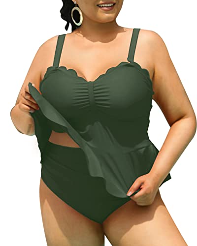 Two Piece Black Swimsuits For Women Plus Size Ruffle Hem-Army Green