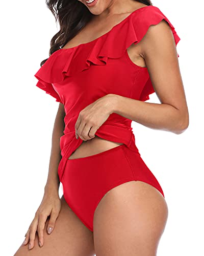 Tummy Control Ruffle Tankini One Shoulder Swimsuits For Women-Red