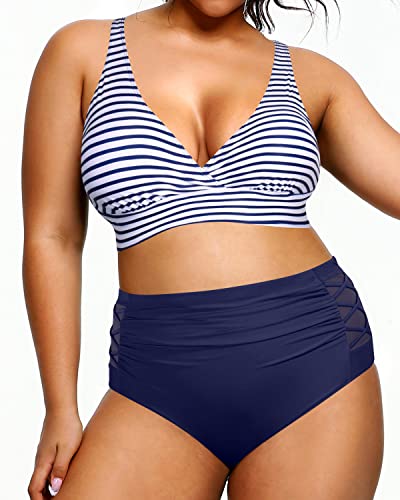 Women's Plus Size Bikini High Waisted Two Piece Bathing Suits-Blue White Stripe