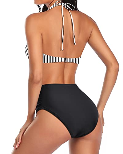 Sexy Twist Front Two Piece High Waisted Halter Top Tummy Control Swimsuit-Black And White Stripe