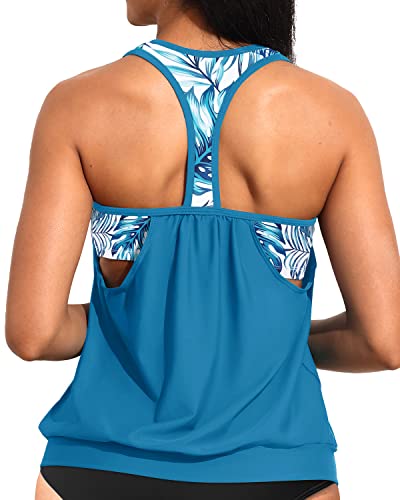 Ladies Double Layer Round Neck Tankini Top Sporty Bathing Suit Top-Blue Leaf