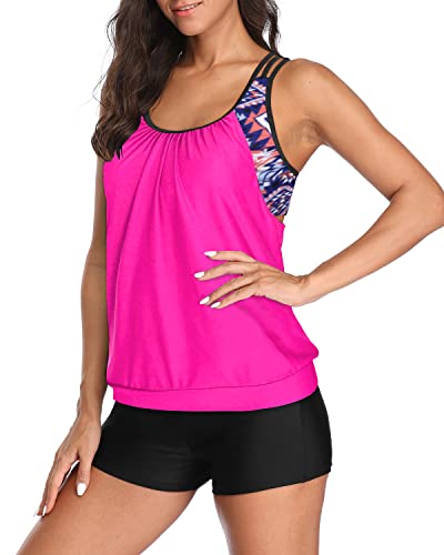 Women's Athletic Two Piece Tankini Suits High Waisted Board Shorts-Neon Pink