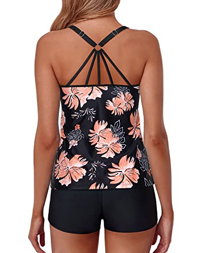 Women's Two Piece Tankini Swimsuits Shorts Tummy Control Bathing Suits-Black Orange Floral