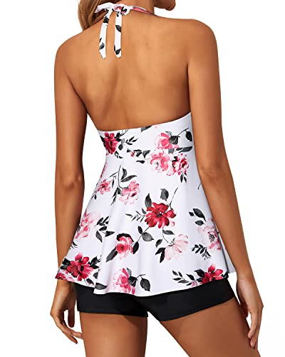 Two Piece Tankini Swimsuits For Women Shorts Halter V Neck Bathing Suits-White Floral