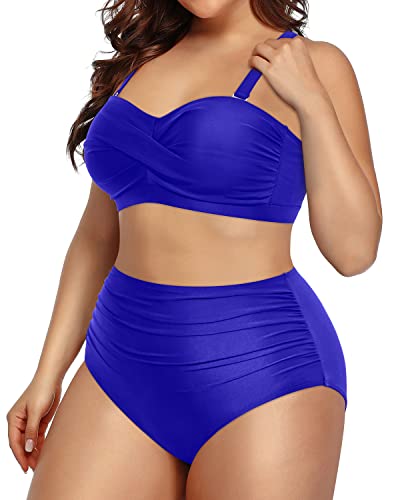 Twist-Front Plus Size High Waisted Bikini Set Bandeau Swimsuits For Women-Royal Blue