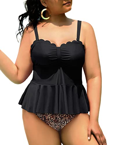 Women's Adjustable Straps Removable Padded Bras Plus Size Tankini Swimsuits-Black And Leopard
