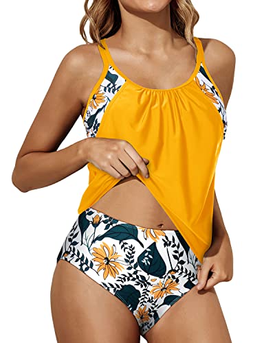 O-Ring Back Sports Bra Tankini Swimsuits For Women-Yellow Floral