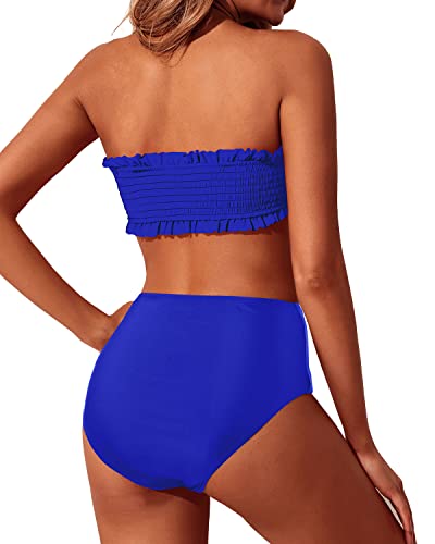 Cheeky Women's High Waisted Bikini Set Ruffle Off Shoulder Bathing Suit-Royal Blue