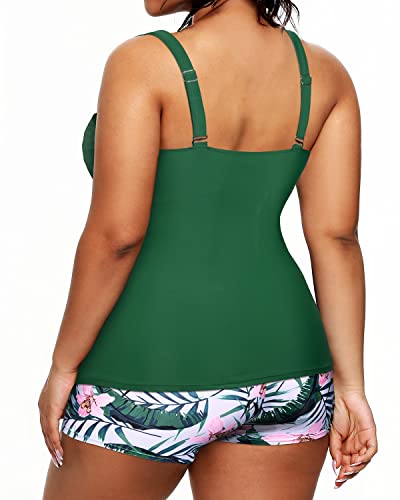 Athletic Plus Size Bathing Suits V Neckline Modest Swimsuits For Women-Green Tropical Floral