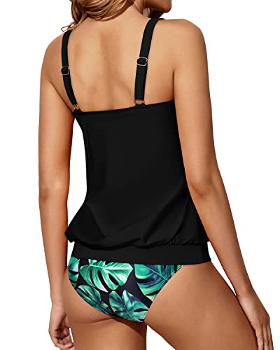 Loose Fit Blouson Tankini Swimsuits For Women Two Piece Bathing Suits-Black Leaf
