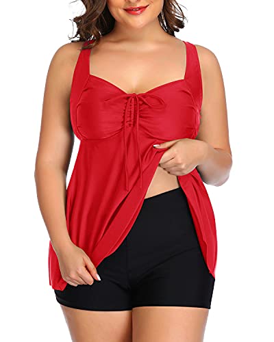 Women's Tie Knot Bow Adjustable Plus Size Tankini Bathing Suits-Neon Red