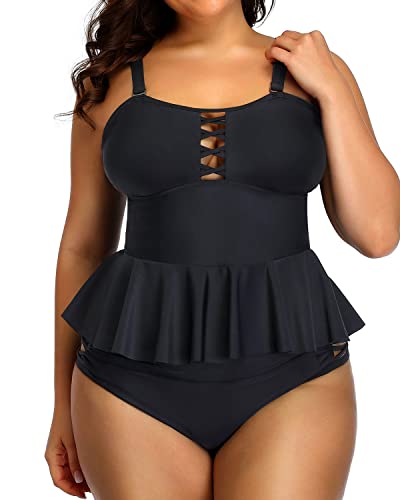 Tummy Control Two Piece Swimsuits Plus Size Swimsuits For Women-Black