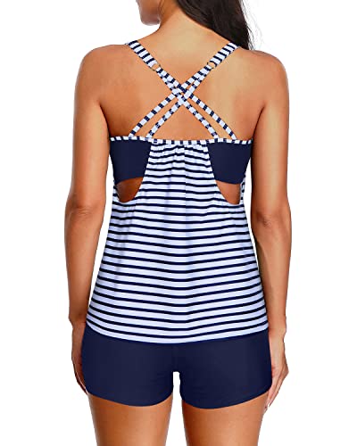 Women Sports Bra Tankini Boy Shorts Padded Bra Two Piece Bathing Suits-Blue And White Stripes