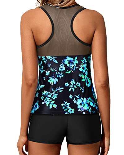 Two-Piece Sporty Tankini Bathing Suits For Juniors Boyleg Bottoms-Black Blue Floral