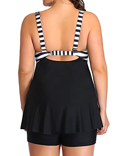 Plus Size Flyaway Bathing Suits Tankini Swimsuits Shorts-Black And White Stripe