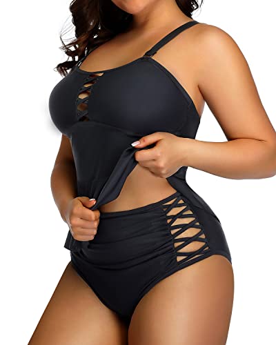 Tummy Control Two Piece Swimsuits Plus Size Swimsuits For Women-Black