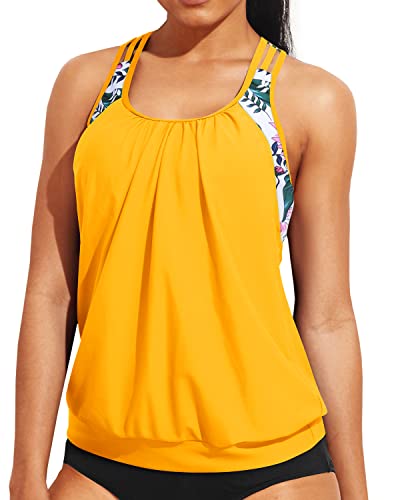 Ladies Tummy Control Long Swim Tank Top Modest Tankini Swimsuit-Yellow Floral