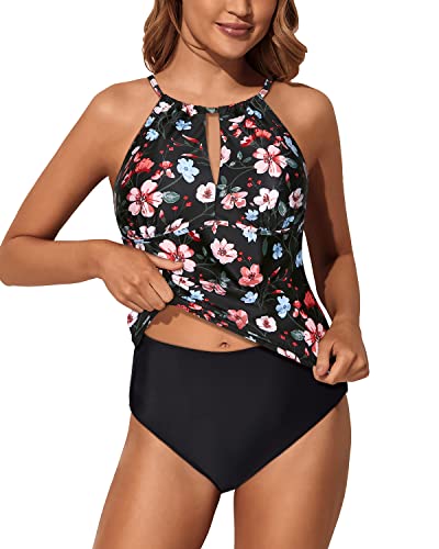 High Neck Two Piece Swimsuits For Women Triangle Bottom Modest Bathing Suit-Black And Pink Floral