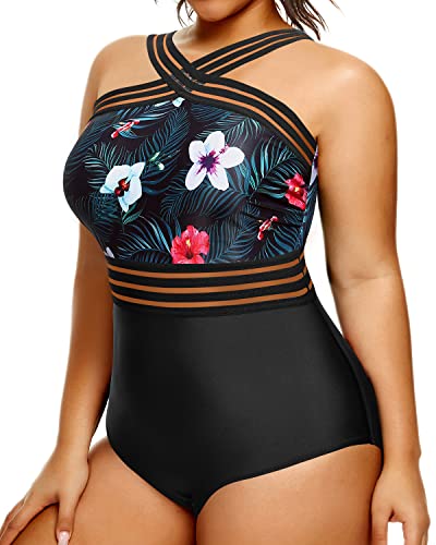 Strapless Tummy Control Bathing Suit Plus Size One Piece Swimsuit-Black Floral