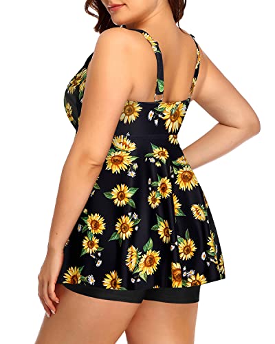 Flowy Bathing Suits Shorts And Tie Knot For Ladies-Black And Sunflower