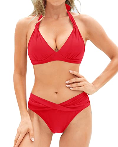 Push Up Women Two Piece Bikini Set Halter Swimsuit Vintage Swimwear-Red