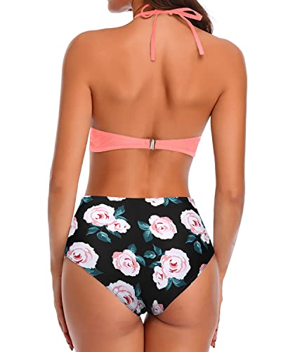Modest High Neck Bikini Removable Padded Bra For Teens-Coral Pink Floral