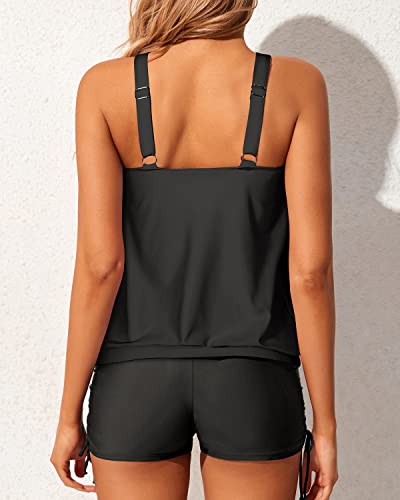 Modest Blouson Tankini Swimsuits For Women Removable Sports Bras-Black