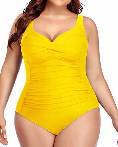 Women's Plus Size Tummy Control Twist Front Ruched Sweetheart Neck One Piece Swimsuit-neon yellow2