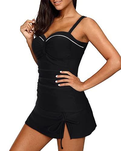 Sweetheart Neckline Tankini Swimsuit Skirt 2 Piece Tankini Set-Black