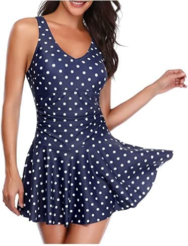 Modest Tummy Control One Piece Swimsuit Dress For Women-Blue Dot