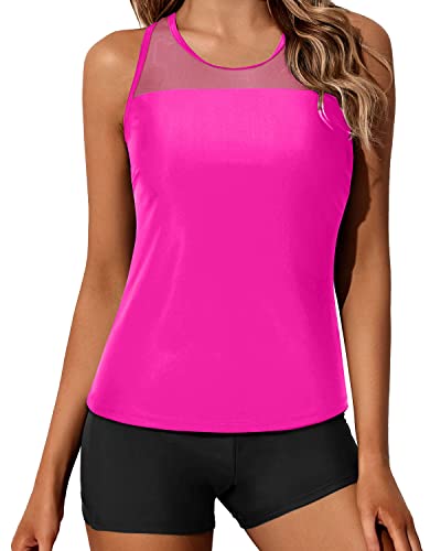 Sporty Racerback Tankini Top And Boyleg Shorts Swimsuit Set For Women-Neon Pink And Black
