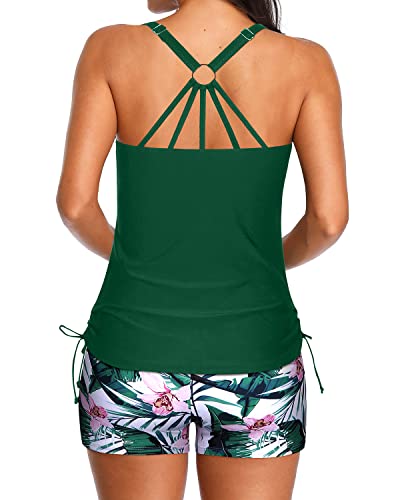 Athletic Bathing Suit Functional Drawstring Side Tie Tank Top-Green Tropical Floral