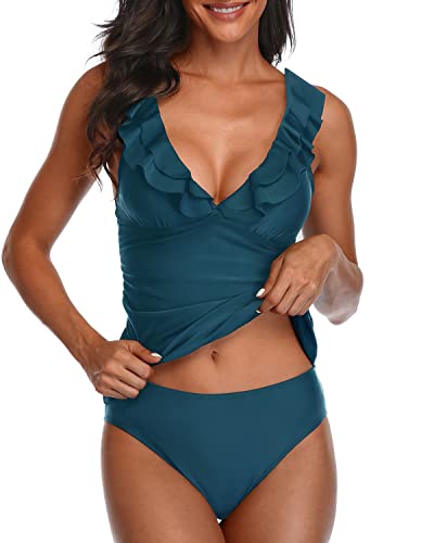 Adjustable Shoulder Ruffle Tankini Swimsuits For Women-Teal