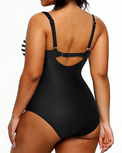 Plus Size Swimsuit Twist Front Cross Design For Women-Black And White Stripe