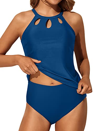 Flattering Keyhole High Waisted Tankini Swimsuit For Women-Blue
