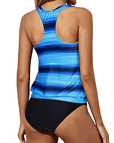 Tummy Control Tankini Bathing Suits Blouson Tank Tops And Bikini Bottoms-Blue And Black Stripe