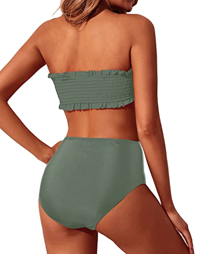 Two Piece Smocked Ruffle Off Shoulder Bikini Set High Waisted Bottoms-Army Green