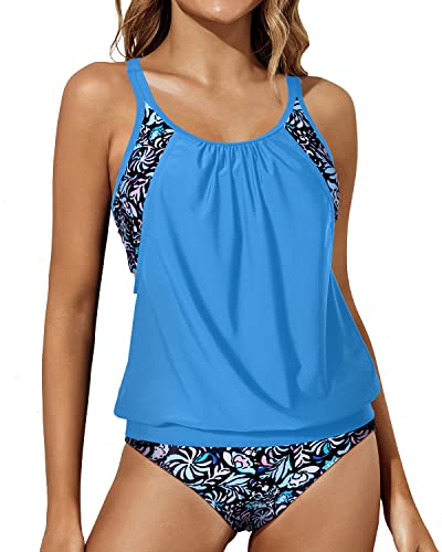 Women's 2 Piece Tankini Swimsuit Set Blouson Top And Bottom-Blue Floral