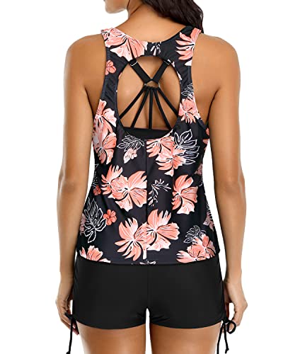 Push Up Padded Tankini Tank Tops Bra And Boyshorts-Black Orange Floral
