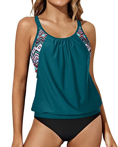 Athletic Round U Neck & O-Ring Back Tankini Swimsuits For Women-Teal