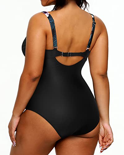 Push-Up Bra Adjustable Wide Straps Plus Size Swimsuit For Women-Black Floral