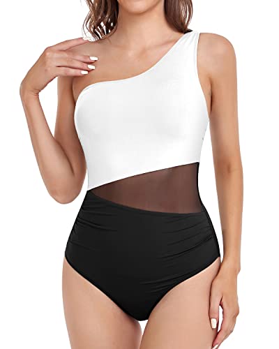 Women's One Piece One Shoulder Swimsuit Cutout Swimwear Monokini-White