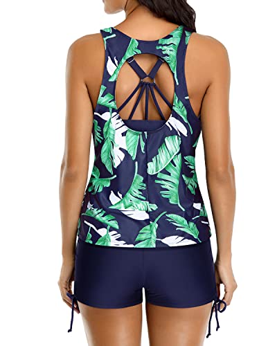 3 Piece Womens Athletic Bathing Suits Tank Tops Bra And Boyshorts-Blue Leaf