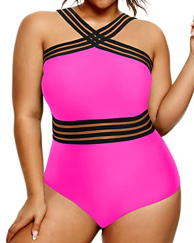 Sexy Mesh Crossover Monokini Plus Size One Piece Swimsuit-Neon Pink