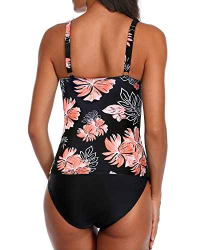Deep V Neck Flounce Tankini Ruched Swimwear For Women-Black Orange Floral