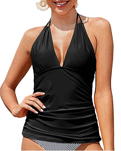V Neck Halter Tankini Top Ruched Tummy Control Bathing Suit Top-Black