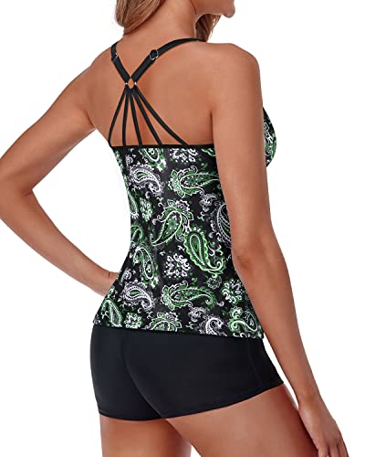 Two Piece Tankini Swimsuits For Women Shorts Tummy Control Bathing Suits-Black Green Paisley